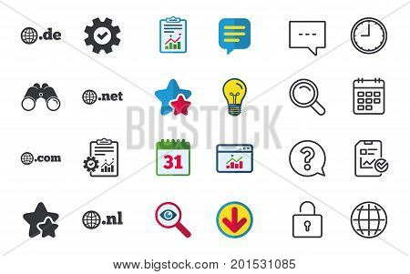 Top-level internet domain icons. De, Com, Net and Nl symbols with globe. Unique national DNS names. Chat, Report and Calendar signs. Stars, Statistics and Download icons. Question, Clock and Globe