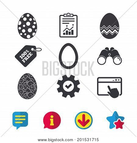 Easter eggs icons. Circles and floral patterns symbols. Tradition Pasch signs. Browser window, Report and Service signs. Binoculars, Information and Download icons. Stars and Chat. Vector