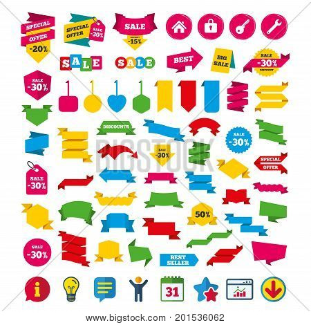 Home key icon. Wrench service tool symbol. Locker sign. Main page web navigation. Shopping tags, banners and coupons signs. Calendar, Information and Download icons. Stars, Statistics and Chat. Vector