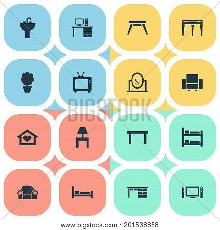 Elements Trestle, Contemporary Design, Tv And Other Synonyms Settee, Couch And Board.  Vector Illustration Set Of Simple Furnishings Icons.