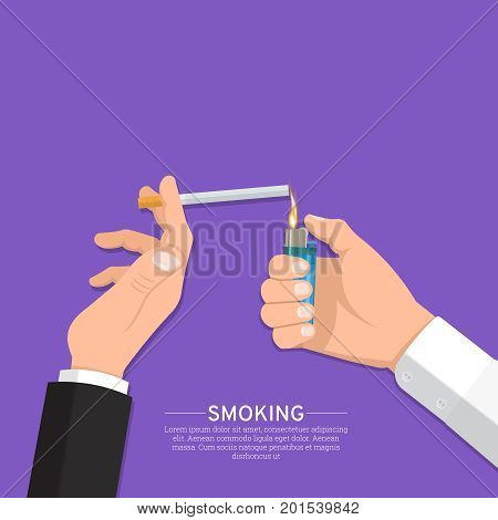 Male hand with the lighter and the smoker's hand with a cigarette.The smoking people.Fight against smoking. Smoking area.No to addictions.Vector illustration with the place for the text.