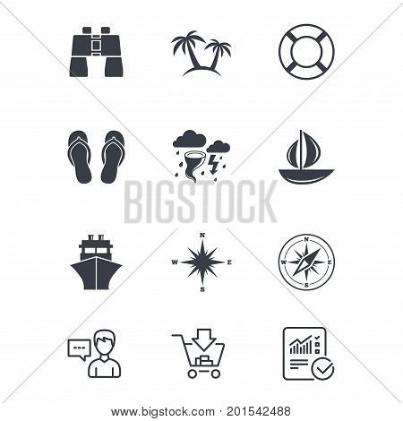 Cruise trip, ship and yacht icons. Travel, lifebuoy and palm trees signs. Binoculars, windrose and storm symbols. Customer service, Shopping cart and Report line signs. Online shopping and Statistics