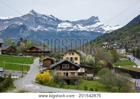 Panoramic view of Saint-Gervais-les-Bains and Alps the highest and most extensive mountain range system that lies entirely in Europe
