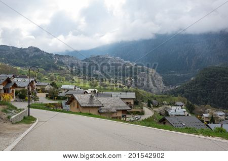 Panoramic view of Avrieux and Alps the highest and most extensive mountain range system that lies entirely in Europe