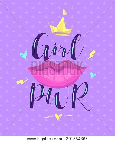 Feminism slogan with girl lipsand slogan lettering girl power. Vector stock ilustration