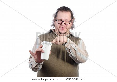 Funny man and tasteless coffee. White background.