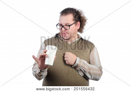 Funny man and tasteless coffee. White background.