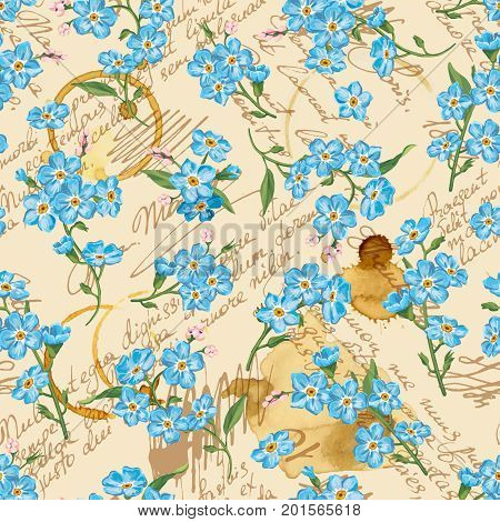 Seamless floral pattern with words, flower vector illustration. Elegance pattern with flower on floral background. Decorative vintage vector illustration texture. Shabby chic forget-me-not. Hand write words