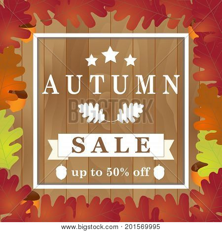 Autumn background with oak leaves and acorns. Sale. Vector illustration. EPS 10