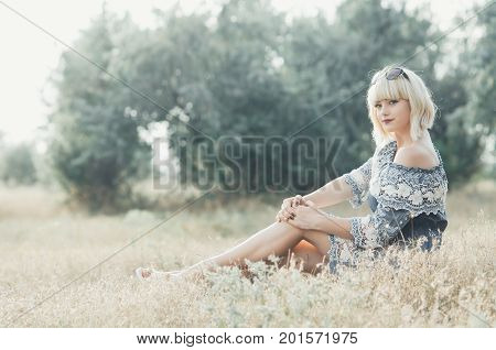 Charming Blonde Girl Blue Dress