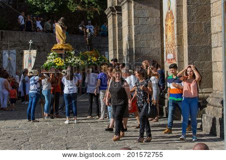 ABADIA, AMARES, PORTUGAL - August 15, 2017: Traditional religious procession of Senhora da Abadia in Amares, Portugal