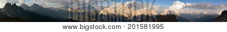 Evening view of Alps Dolomites mountains gruppo del Sorapis South Tirol Italy