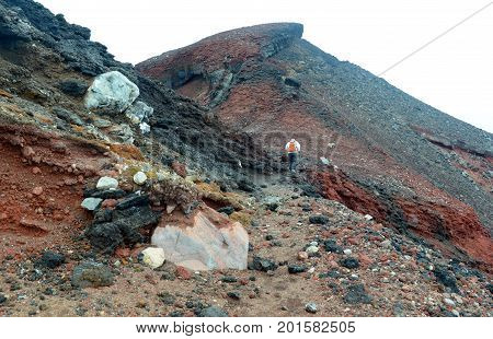 Terrain on climbing route on Mount Fuji, a symmetrical volcano and tallest peak in Japan which is one of the most popular mountains in the world to climb