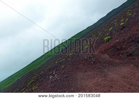 Terrain on climbing route on Mount Fuji, a symmetrical volcano and tallest peak in Japan which is one of the most popular mountains in the world to climb