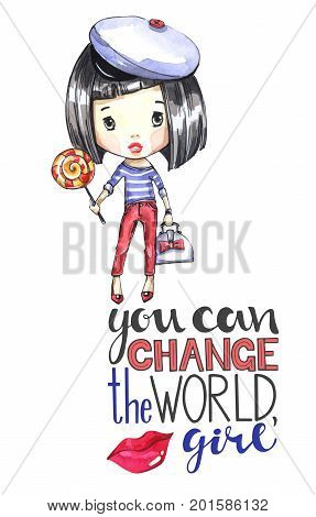 Watercolor illustration young girl with bag and lollipop. Calligraphy words . Adventure, vacation. Can be printed on T-shirts, bags, posters, invitations, cards, phone cases, pillows
