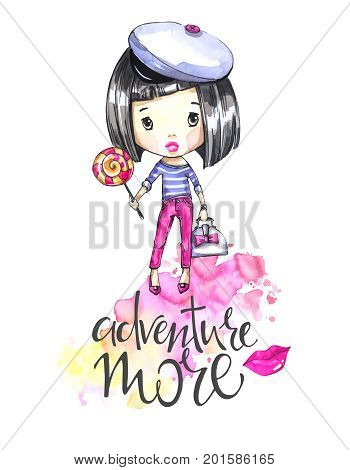 Watercolor illustration young girl with bag and lollipop. Calligraphy words . Adventure, vacation. 