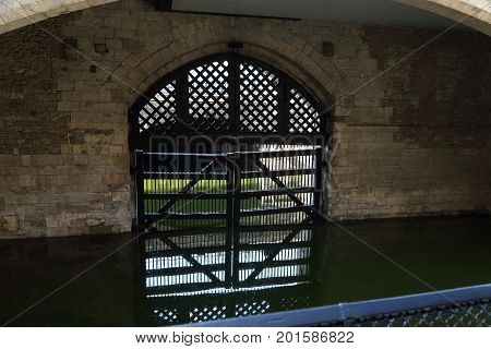 LONDON, GREAT BRITAIN - MAY 16, 2014: It is the Gate of the Traitors through which the prisoners brought to the Thames were brought into the castle.