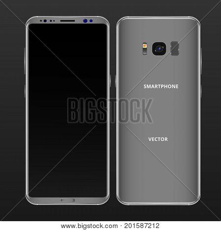 Gray mobile phone concept, front view and backside with camera, flash and speaker on a black background. Smartphone with camera buttons, power and volume. Vector realistic high detailed illustration.