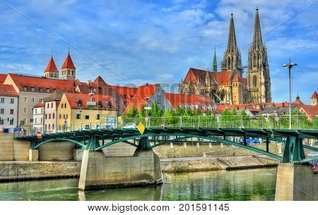 Eiserne Brucke, a bridge across Danube in Regensburg - Bavaria, Germany