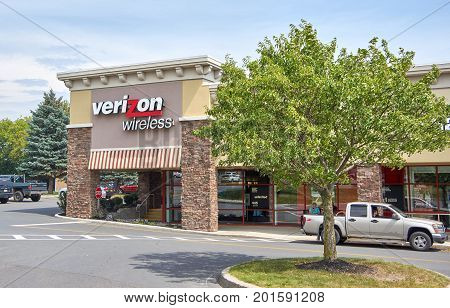 PLATTSBURGH USA - AUGUST 23 2017 : Verizon Wireless store and logo. Verizon Wireless is an American telecommunications company a wholly owned subsidiary of Verizon Communications