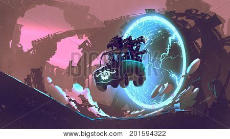 sci-fi concept of the gun truck drives through futuristic tunnel, digital art style, illustration painting