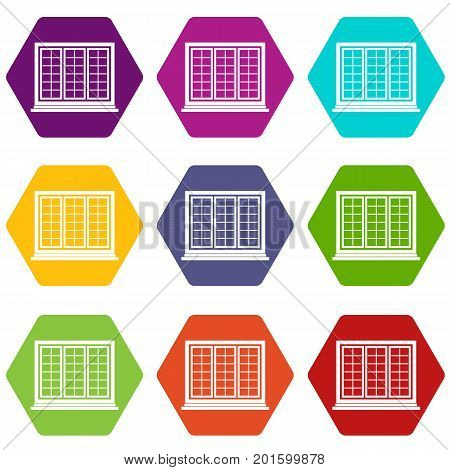 Wooden tricuspid window icon set many color hexahedron isolated on white vector illustration