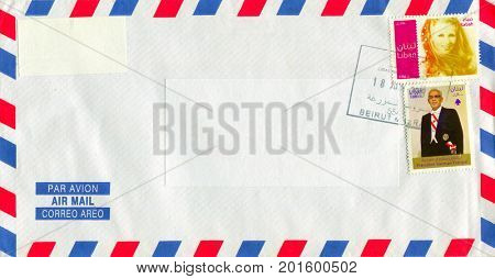GOMEL, BELARUS - AUGUST 12, 2017: Old envelope which was dispatched from Liban to Gomel, Belarus, August 12, 2017. 