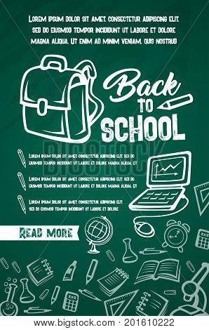 Back to School poster of lesson supplies list for education season design. Vector school rucksack or backpack, books and stationery, computer or pencil and ruler on green chalkboard pattern background