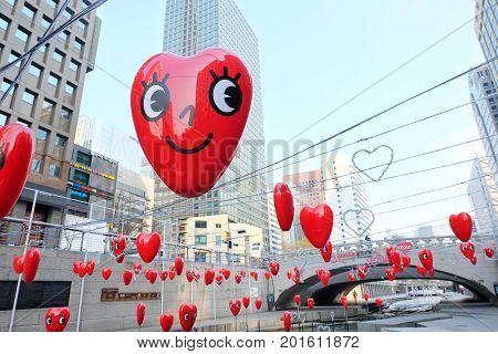 Seoul, South Korea - December 13, 2016: Cheonggyecheon decorated places. There are many red hearts full of smile.