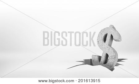 3d rendering of a large concrete dollar sign half-fallen inside a large surface earthquake crack. Forex exchange. Currency trading. Dollar devaluation.