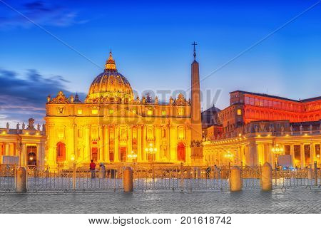 St. Peter's Square And St. Peter's Basilica, Vatican City In The Evening Time.italy.