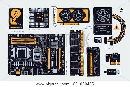 computer accessories parts for cryptomining farm, hand drawn, vector illustration components. isolated on white background.