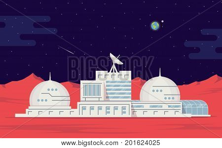 Colonization of Mars. Space base humans on the red planet. Space exploration and technology. Vector Illustration in flat style.