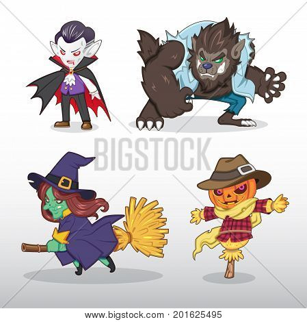 Vampire (Dracula), Werewolf, Witch and Pumpkin Scarecrow cartoon Illustration