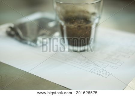 Glass Of Coffee For Taster To Smell And Taste Aromatic And Flavor Wheel. Aroma Perception In Brewed