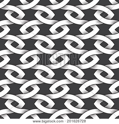Abstract repeatable pattern background of white twisted bands with black strokes. Swatch of intertwined sinuous bands. Seamless pattern in vintage style.