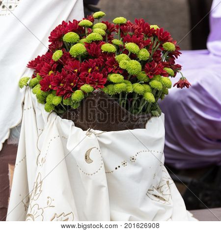 Decorations with flowers during Madeira Wine Festival - Historical and Ethnographic parade in Funchal on Madeira. Portugal