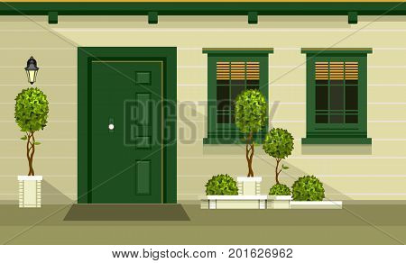Vector illustration of the facade of a wooden house entrance door to the building of a home garden on the doorstep into the room