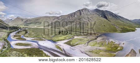 Aerial view of the paradisal landscape of Glen Etive, Scotland