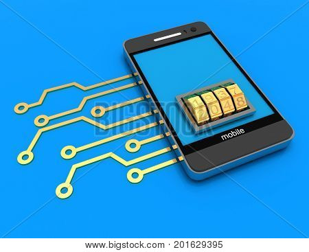 Mobile Phone With Electronic Circuit And Lock Dial . 3D Rendered Illustration