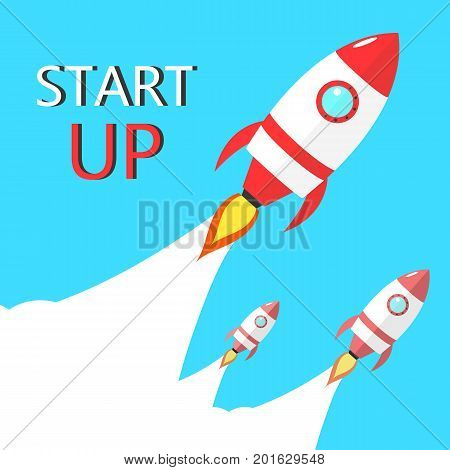 Rocket flat launch in the sky. Start up. Spaceship with white smoke Vector colorful illustration.