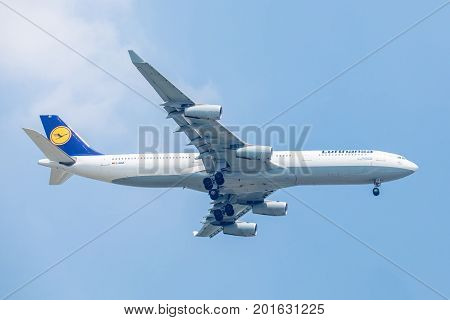 Bangkok, Thailand. - April 23, 2017 : Plane or aircraft of Lufthansa Airlines or Airways on the sky landing to Suvanabhumi airport.