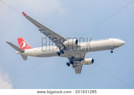 Bangkok, Thailand. - April 23, 2017 : Plane or aircraft of Turkish Airlines or Airways on the sky landing to Suvanabhumi airport.