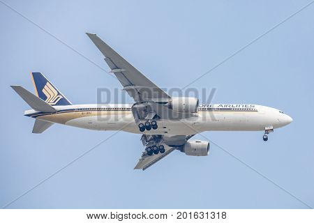 Bangkok, Thailand. - April 23, 2017 : Aircraft or Plane of Singapore Airlines on the sky landing to Suvanabhumi airport.