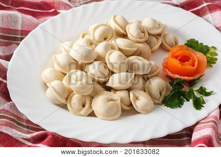 Frozen Dumplings On The White Plate With Green