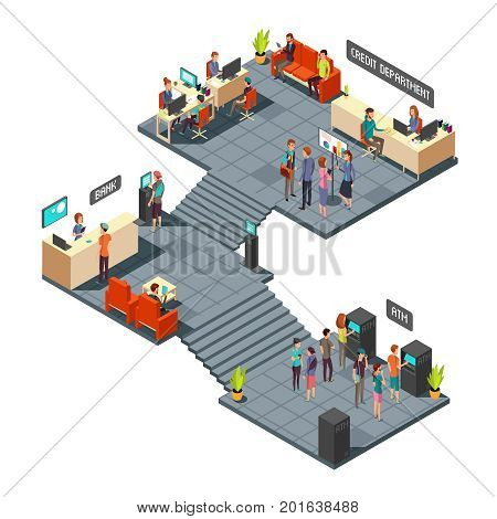 Commercial bank office 3d isometric interior with business people inside. Banking and finance vector concept. Finance bank room with atm illustration