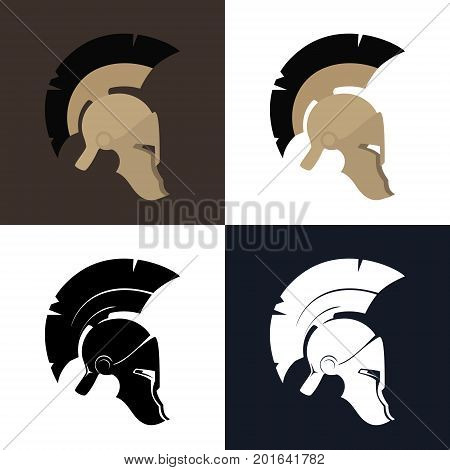 Set of Four Kind Antiques Greek Helmet, Color and Silhouette Roman Helmet for Head Protection Warrior with a Crest of Feathers or Horsehair with Slits for the Eyes and Mouth, Vector Illustration