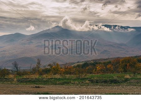 Gloomy landscape in Crimean mountains at fall season