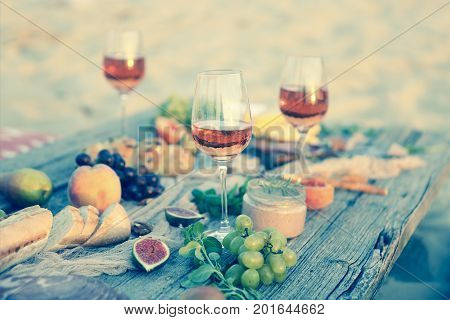 Top view beach picnic table. Beach party