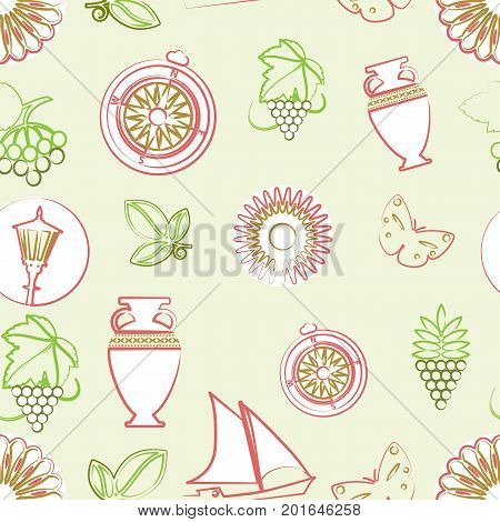 Vector illustration. Seamless ornament on travel theme in retro style. Symbols of a pleasant journey. Application for fabric, backgrounds, illustrations